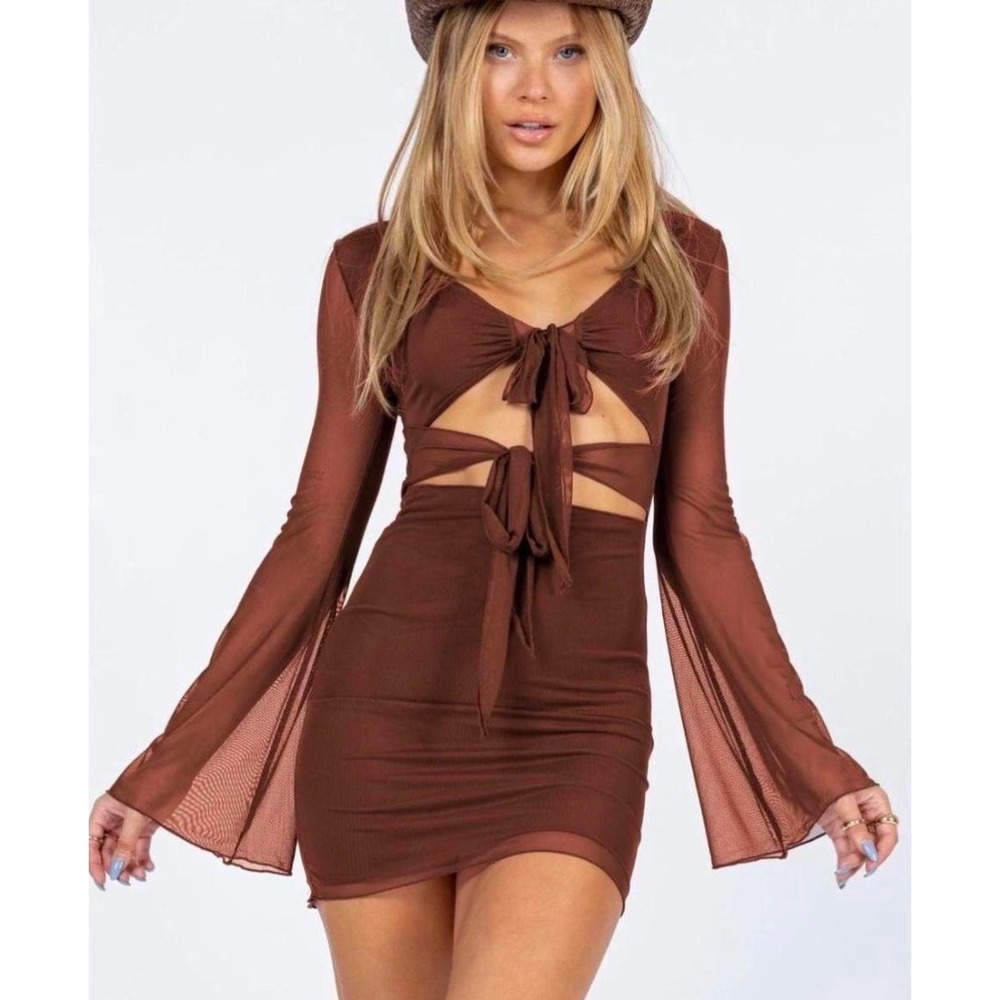 Euphoria Princess Polly Brown Mesh Y2K Cut Out Bell Sleeve Mini Dress US 6